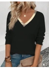 Kadın Uzun Kollu V Parlak Yaka Detaylı Viskon Bluz