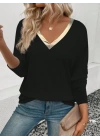 Kadın Uzun Kollu V Parlak Yaka Detaylı Viskon Bluz
