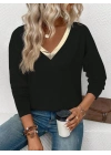 Kadın Uzun Kollu V Parlak Yaka Detaylı Viskon Bluz