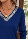 Kadın Uzun Kollu V Payet Yakalı Viskon Bluz