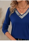Kadın Uzun Kollu V Payet Yakalı Viskon Bluz
