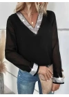 Kadın Uzun Kollu V Pulpayet Yakalı Ithal Krep Bluz