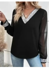 Kadın Uzun Kollu V Pulpayet Yakalı Ithal Krep Bluz