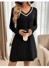 Kadın Uzun Kollu V şerit Yakalı Kısa Viskon Iki Iplik Elbise