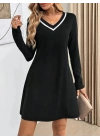 Kadın Uzun Kollu V şerit Yakalı Kısa Viskon Iki Iplik Elbise