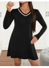 Kadın Uzun Kollu V şerit Yakalı Kısa Viskon Iki Iplik Elbise