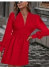 Kadın Uzun Kollu V Yaka Belden Hafif Pileli Scuba Krep Mini Boy Elbise