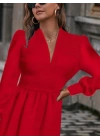 Kadın Uzun Kollu V Yaka Belden Hafif Pileli Scuba Krep Mini Boy Elbise