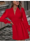 Kadın Uzun Kollu V Yaka Belden Hafif Pileli Scuba Krep Mini Boy Elbise