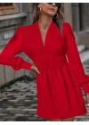 Kadın Uzun Kollu V Yaka Belden Hafif Pileli Scuba Krep Mini Boy Elbise