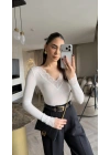 Kadın Uzun Kollu V Yaka Dantel Güpür Detay Bluz
