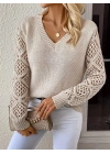 Kadın Uzun Kollu V Yaka Kol Delikli Baklava Desen Detaylı Triko Kazak