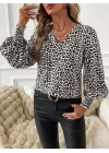 Kadın Uzun Kollu V Yaka Kollar Gipe Detaylı Leopar Desenli Süprem Bluz