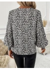 Kadın Uzun Kollu V Yaka Kollar Gipe Detaylı Leopar Desenli Süprem Bluz