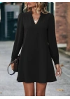 Kadın Uzun Kollu V Yakalı Arkadan Düğmeli Mini Ithal Krep Elbise