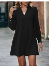 Kadın Uzun Kollu V Yakalı Arkadan Düğmeli Mini Ithal Krep Elbise