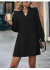 Kadın Uzun Kollu V Yakalı Arkadan Düğmeli Mini Ithal Krep Elbise