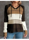 Kadın Uzun Kollu V Yakalı Bağcıklı Kapşonlu Triko Bluz