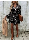 Kadın Uzun Kollu V Yakalı Belden Kuşaklı Puantiyeli Mini Modal Elbise