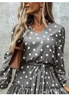 Kadın Uzun Kollu V Yakalı Belden Kuşaklı Puantiyeli Mini Modal Elbise