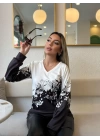 Kadın Uzun Kollu V Yakalı çiçek Baskılı şardonlu Dalgıç Bluz