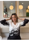 Kadın Uzun Kollu V Yakalı çiçek Baskılı şardonlu Dalgıç Bluz