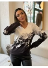 Kadın Uzun Kollu V Yakalı çiçek Baskılı şardonlu Dalgıç Bluz