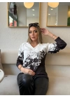 Kadın Uzun Kollu V Yakalı çiçek Baskılı şardonlu Dalgıç Bluz