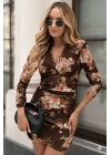 Kadın Uzun Kollu V Yakalı çiçek Desenli Dalgıç Mini Elbise