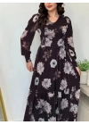 Kadın Uzun Kollu V Yakalı çiçek Desenli Maxi Süprem Elbise