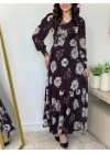 Kadın Uzun Kollu V Yakalı çiçek Desenli Maxi Süprem Elbise