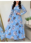 Kadın Uzun Kollu V Yakalı çiçek Desenli Maxi Süprem Elbise