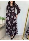 Kadın Uzun Kollu V Yakalı çiçek Desenli Maxi Süprem Elbise