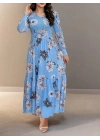 Kadın Uzun Kollu V Yakalı çiçek Desenli Maxi Süprem Elbise