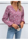 Kadın Uzun Kollu V Yakalı çiçek Desenli Modal Bluz