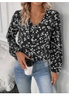 Kadın Uzun Kollu V Yakalı çiçek Desenli Modal Bluz