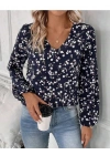 Kadın Uzun Kollu V Yakalı çiçek Desenli Modal Bluz