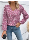 Kadın Uzun Kollu V Yakalı çiçek Desenli Modal Bluz