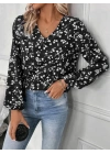 Kadın Uzun Kollu V Yakalı çiçek Desenli Modal Bluz