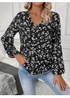 Kadın Uzun Kollu V Yakalı çiçek Desenli Modal Bluz