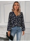 Kadın Uzun Kollu V Yakalı çiçek Desenli Modal Bluz