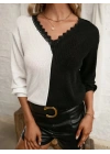Kadın Uzun Kollu V Yakalı çift Renkli Triko Bluz