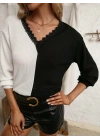 Kadın Uzun Kollu V Yakalı çift Renkli Triko Bluz