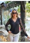 Kadın Uzun Kollu V Yakalı Dantel Detaylı Viskon Bluz