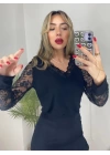 Kadın Uzun Kollu V Yakalı Dantel Detaylı Viskon Bluz