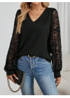 Kadın Uzun Kollu V Yakalı Dantelli Viskon Iki Iplik Bluz