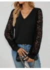Kadın Uzun Kollu V Yakalı Dantelli Viskon Iki Iplik Bluz