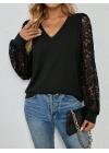 Kadın Uzun Kollu V Yakalı Dantelli Viskon Iki Iplik Bluz