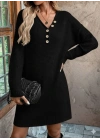 Kadın Uzun Kollu V Yakalı Düğmeli Mini Triko Elbise