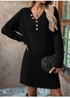 Kadın Uzun Kollu V Yakalı Düğmeli Mini Triko Elbise
